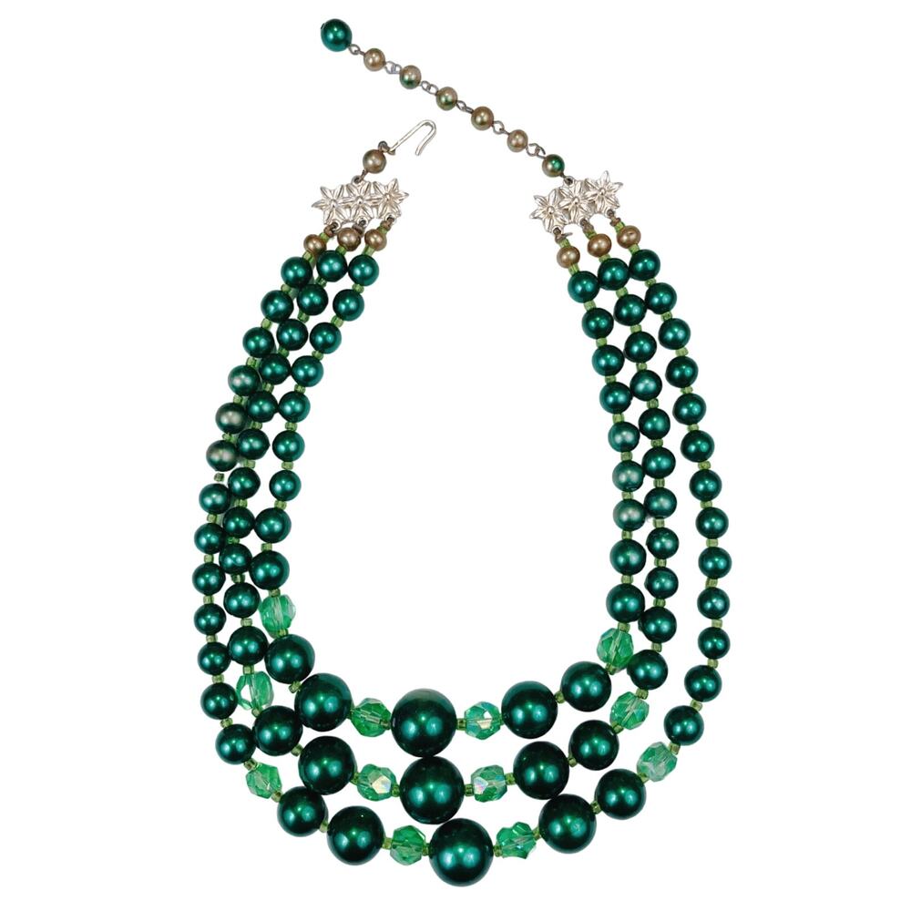 VTG Japan Green Glass Bead Collar Necklace, 50s 60s Multi Strand, Floral Clasp